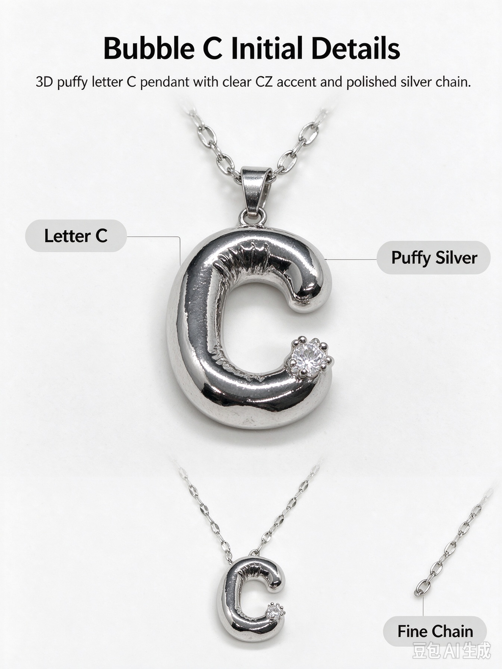 Silver Bubble Letter C Initial Necklace, 3D Puffy Alphabet Pendant with CZ Crystal, Lip Chain Collarbone Necklace for Women