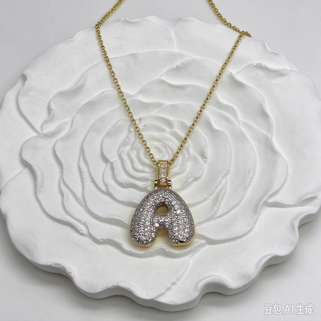 Gold Plated Bubble Letter A Necklace, Iced Out Rhinestone Initial Pendant, Personalized Letter Jewelry Gift