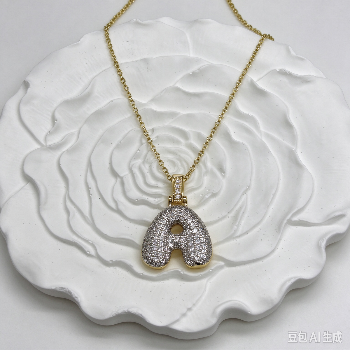 Gold Plated Bubble Letter A Necklace, Iced Out Rhinestone Initial Pendant, Personalized Letter Jewelry Gift