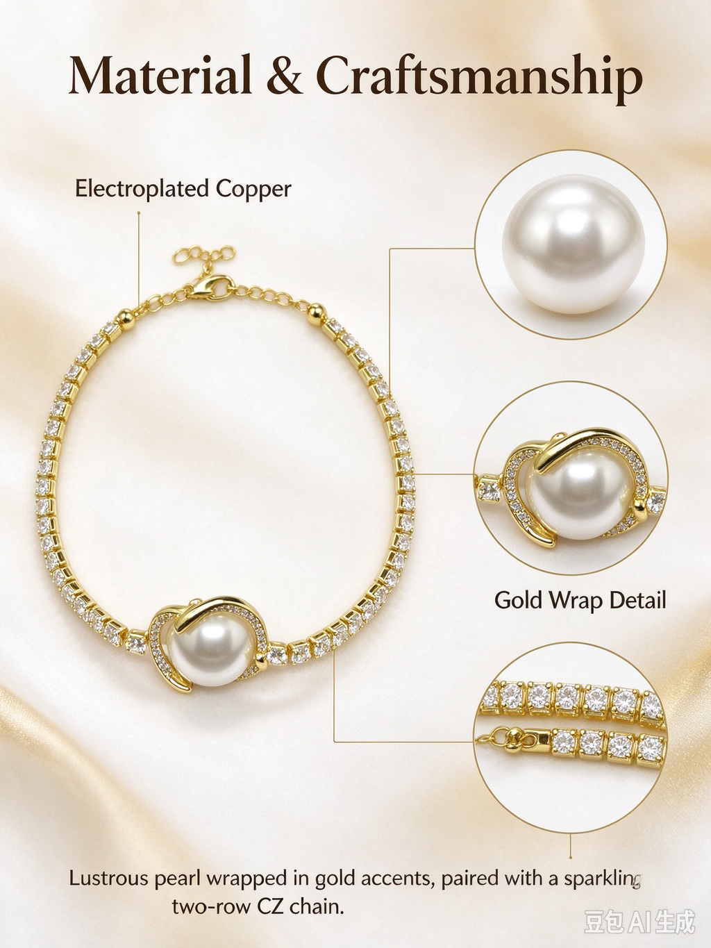 Gold Pearl & CZ Wreath Tennis Bracelet, Retro Elegant Pearl Charm Bracelet