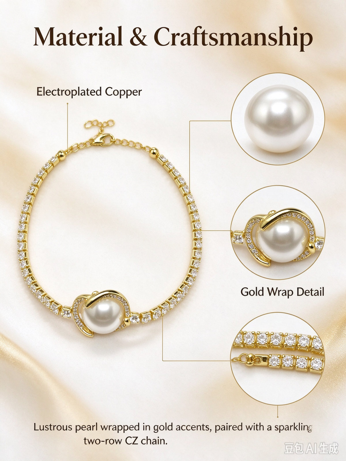 Gold Pearl & CZ Wreath Tennis Bracelet, Retro Elegant Pearl Charm Bracelet