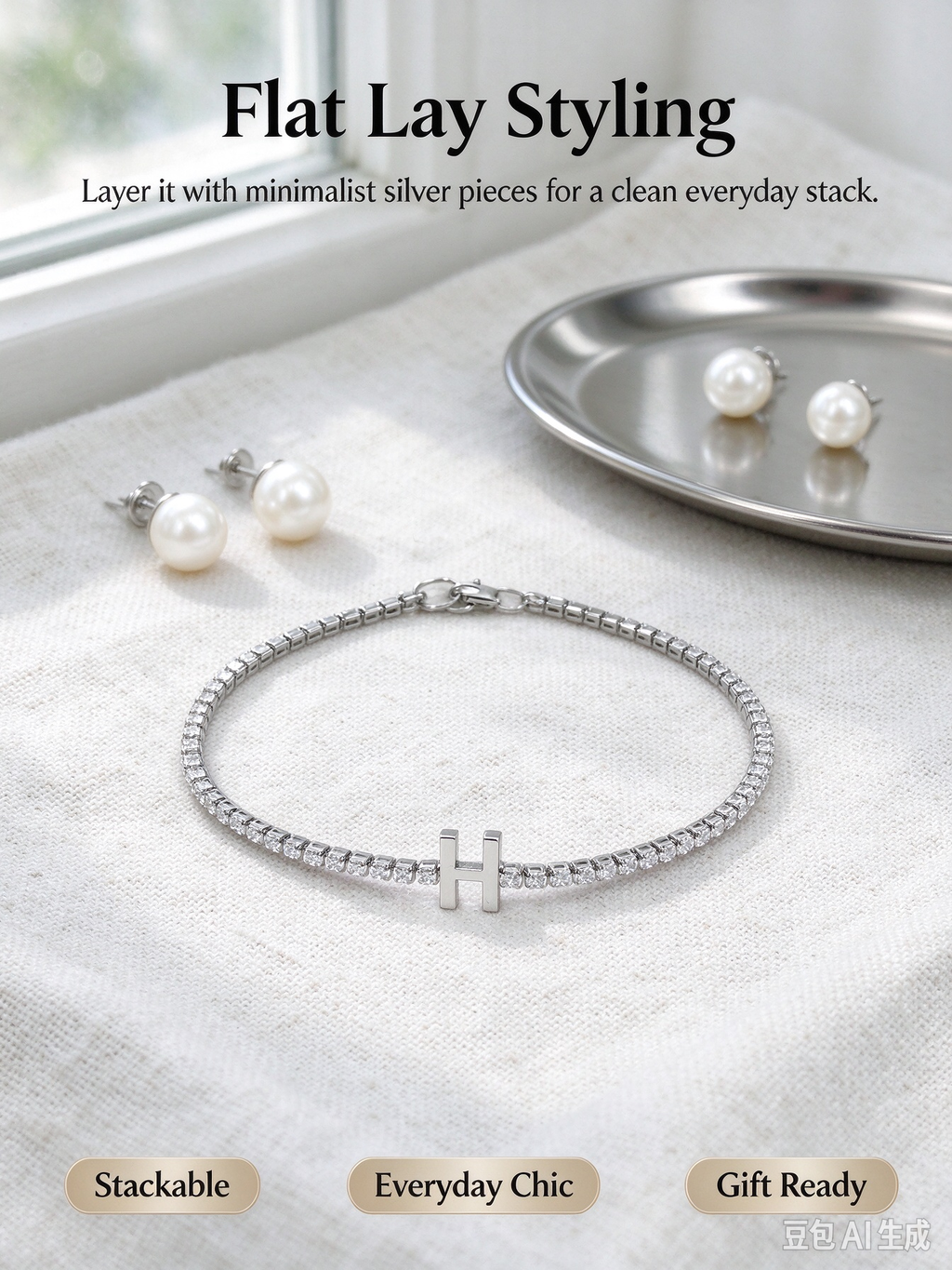 Silver Tennis Chain Initial H Bracelet, Dainty Letter H Crystal Bracelet