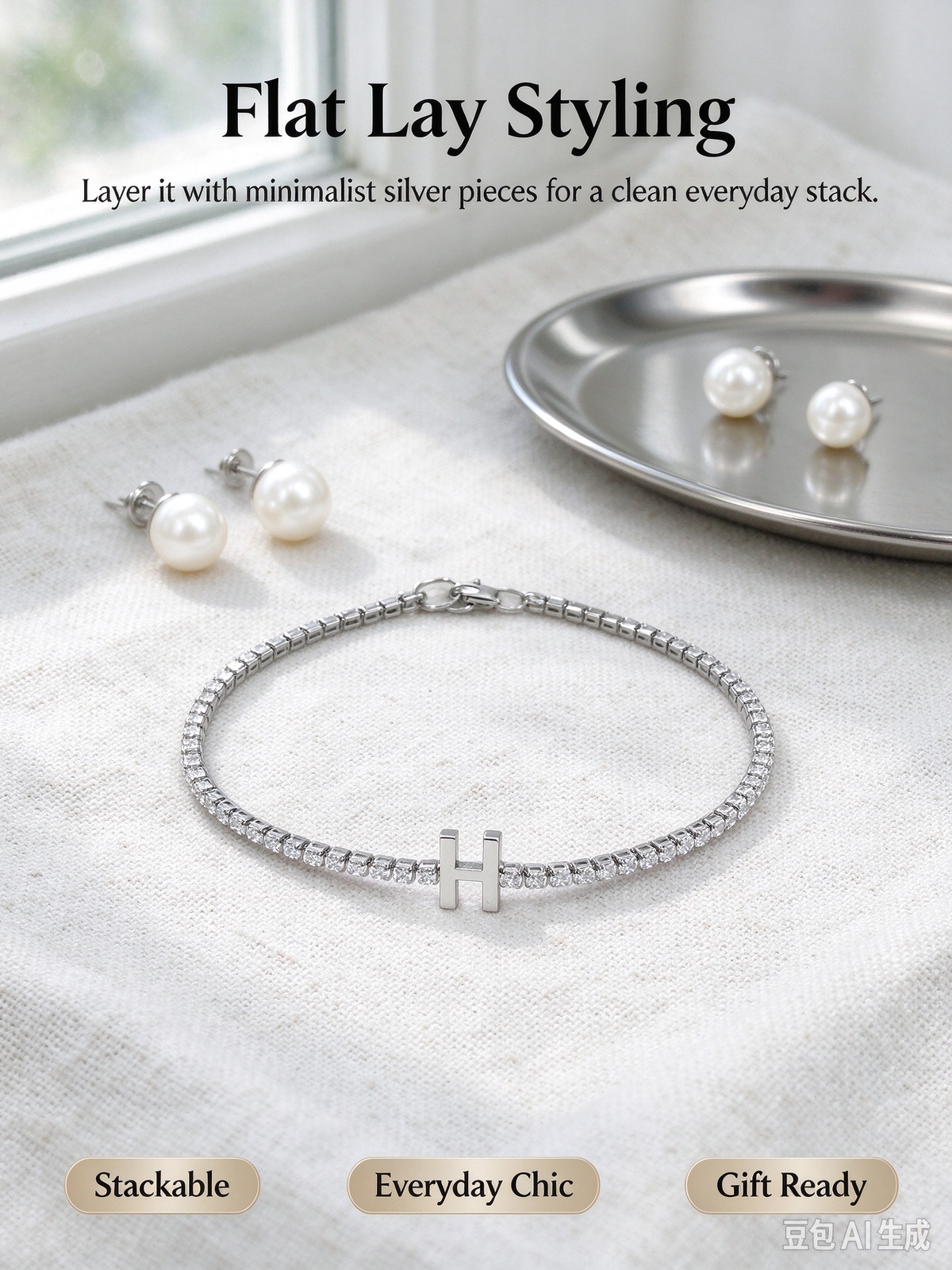 Silver Tennis Chain Initial H Bracelet, Dainty Letter H Crystal Bracelet
