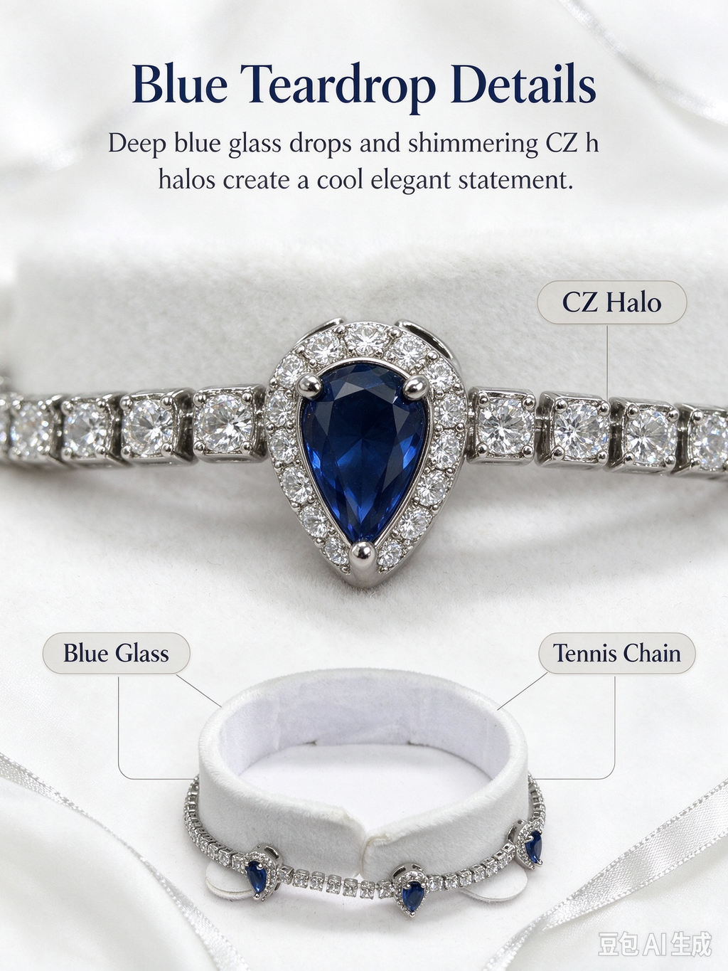 Blue Teardrop Cluster Tennis Bracelet, Luxury Deep Blue Crystal Zircon Bracelet