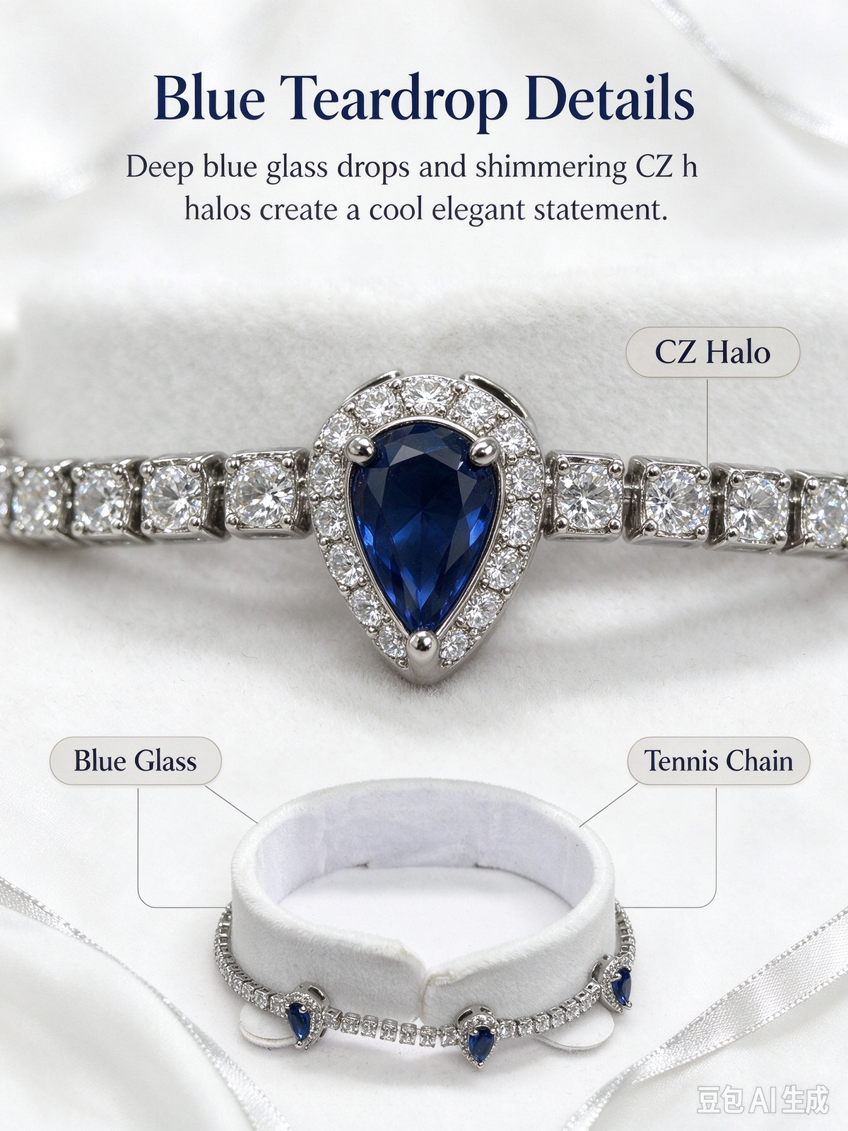 Blue Teardrop Cluster Tennis Bracelet, Luxury Deep Blue Crystal Zircon Bracelet