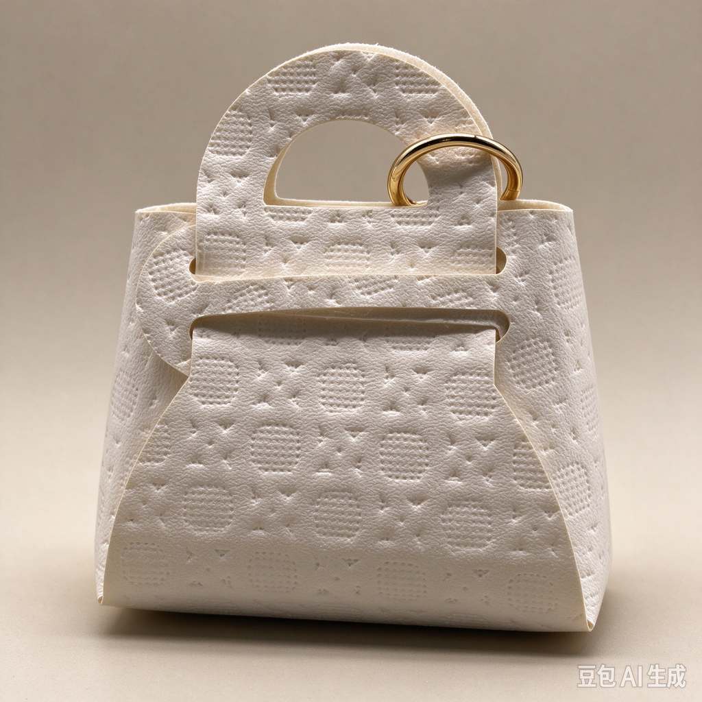 Beige Press Pattern Top Handle Pouch, Elegant Mini Gift Bag with Gold-Tone Ring for Wedding Favors, Bridal Shower, Party Candy & Guest Gifts