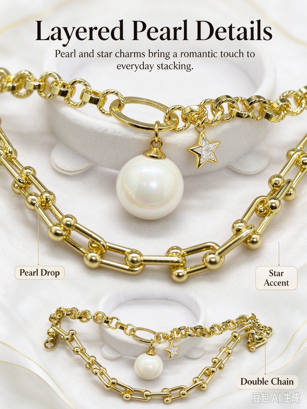 Double Layer Gold Bracelet, Large Pearl & CZ Star Charm Stacked Bracelet for Women