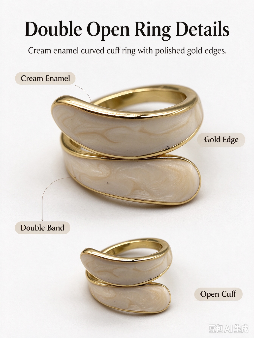 Cream Enamel Twisted Wrap Open Ring, Adjustable Stackable Statement Ring for Women