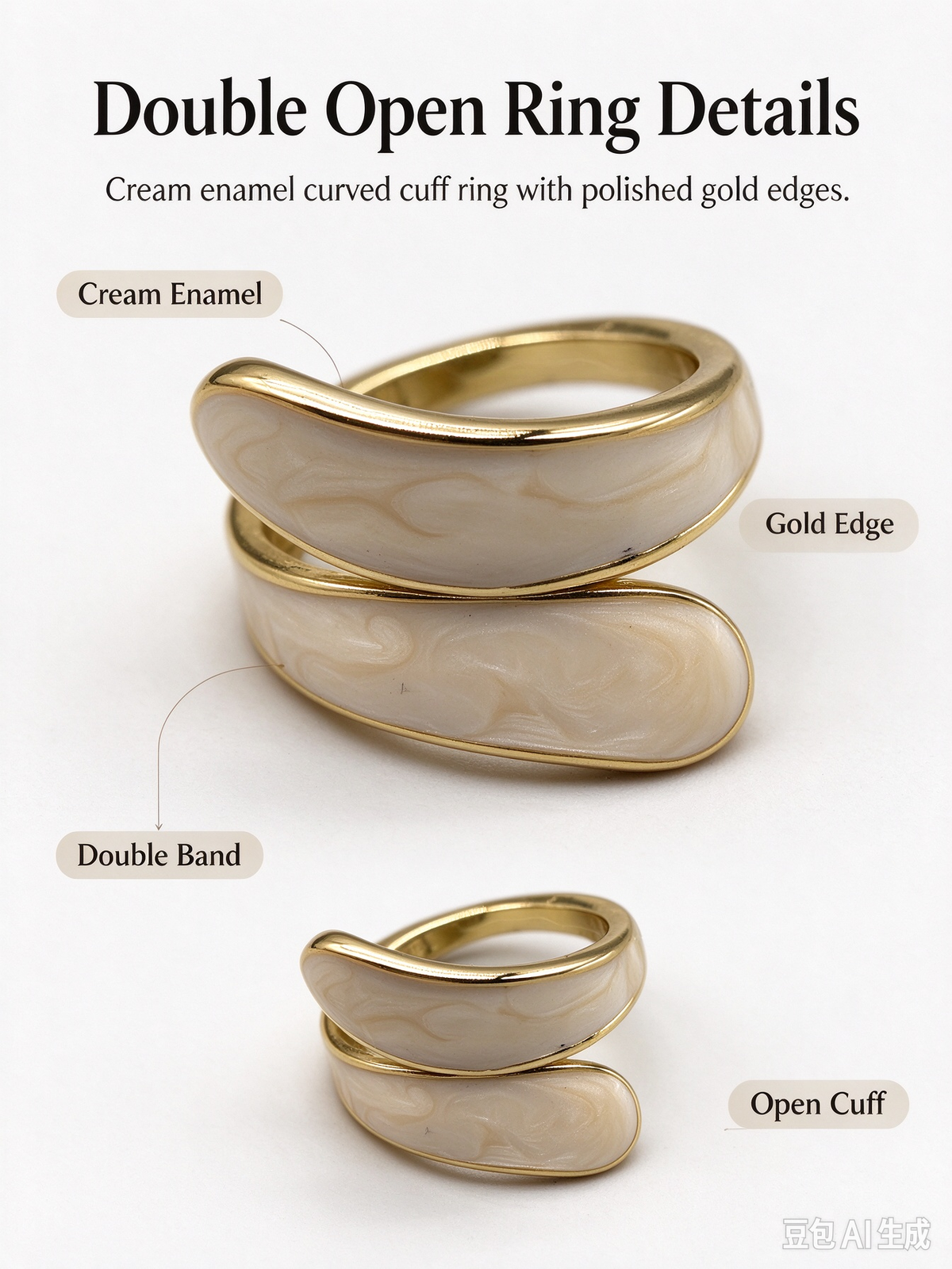 Cream Enamel Twisted Wrap Open Ring, Adjustable Stackable Statement Ring for Women