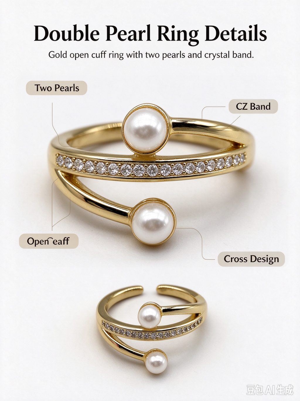 Dainty Gold Twist Adjustable Ring, Double Faux Pearl & Micro Pave CZ Stackable Open Ring for Women