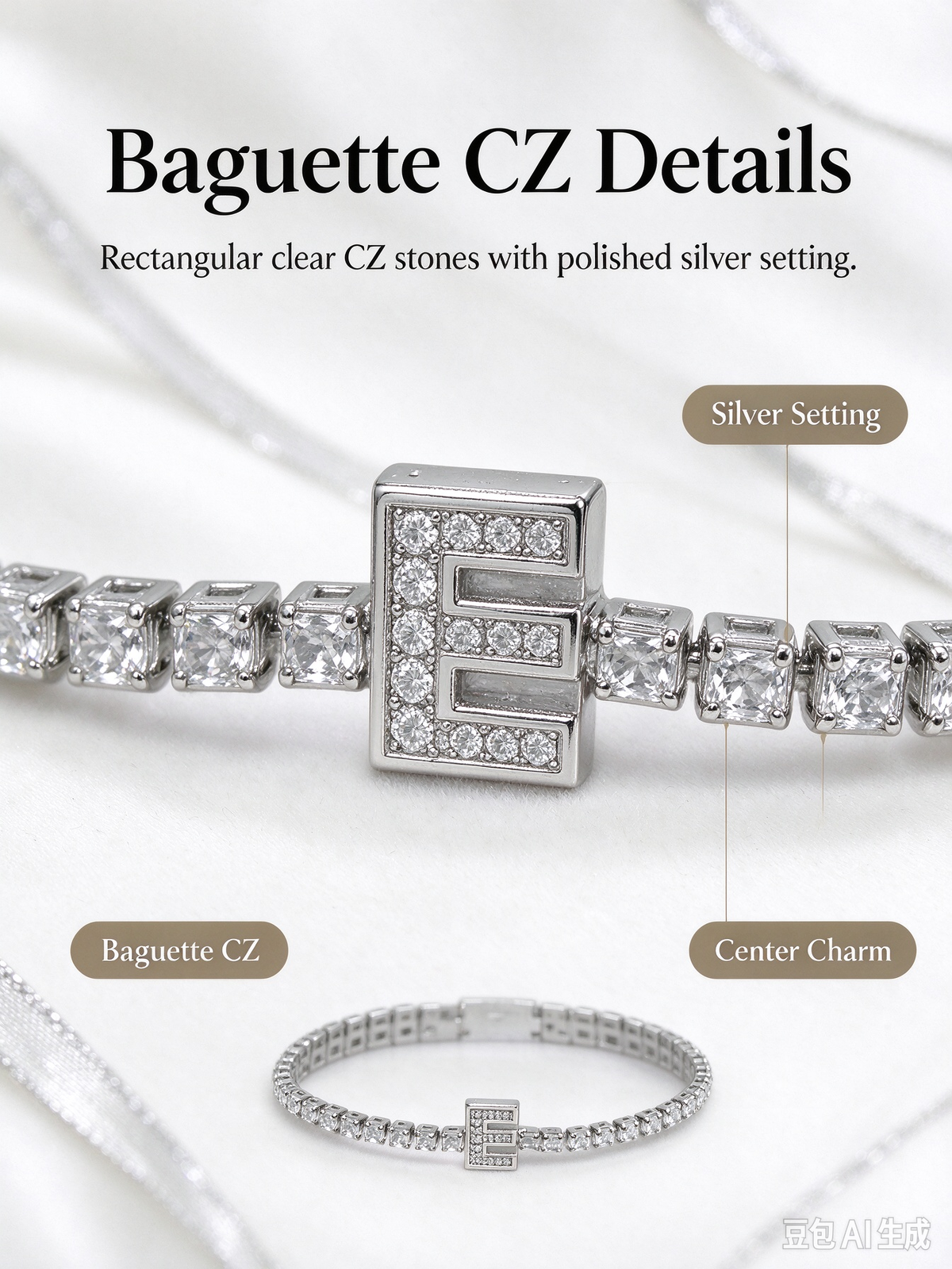 Silver Baguette CZ Tennis Bracelet, Rectangular Crystal Chain Bracelet with Letter E Charm for Women