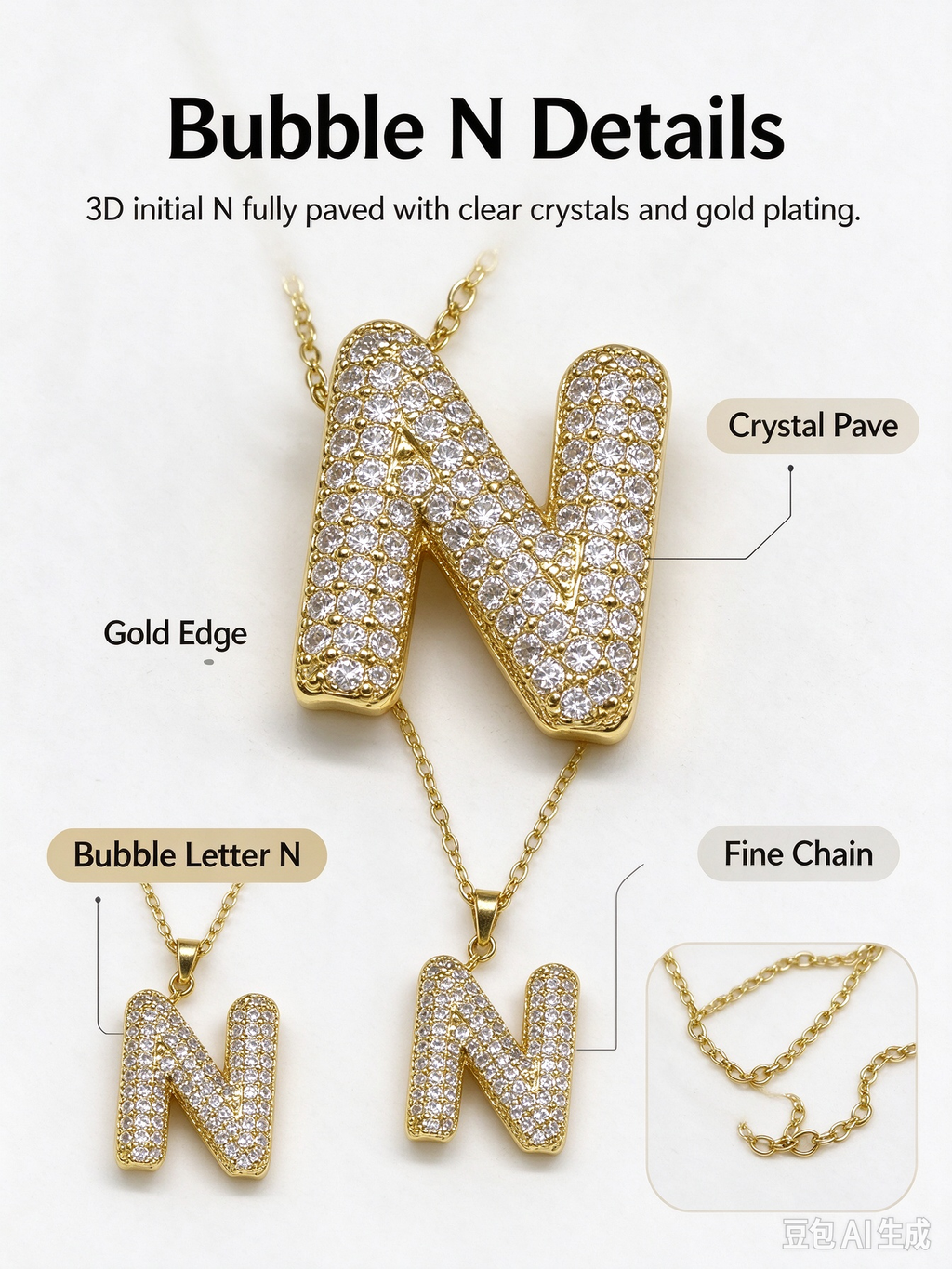 Gold Bubble Letter N Necklace, Full Pave CZ Bold Initial N Pendant Necklace