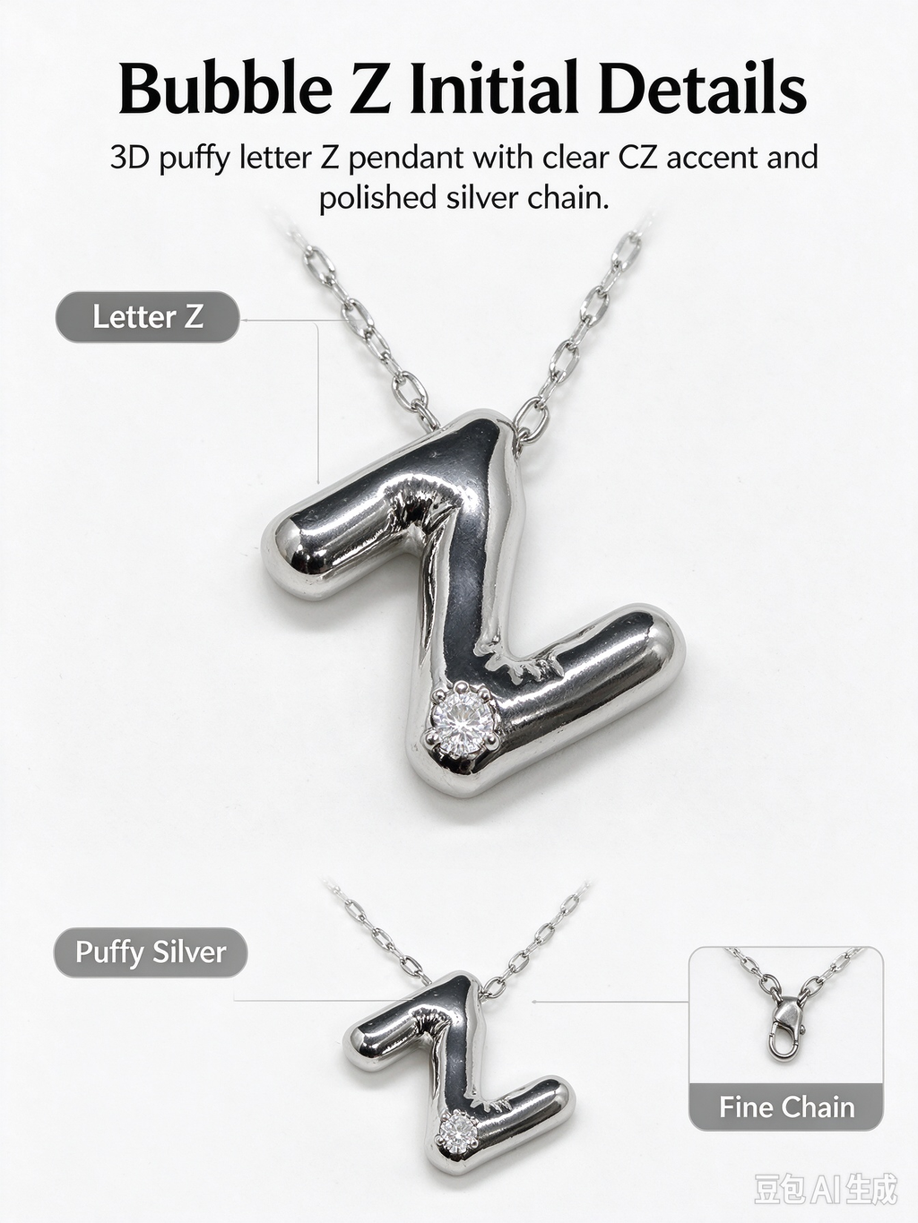 Silver Bubble Letter Z Initial Necklace, 3D Chunky Puffy Alphabet Pendant with CZ Crystal, Lip Chain Collarbone Necklace for Women