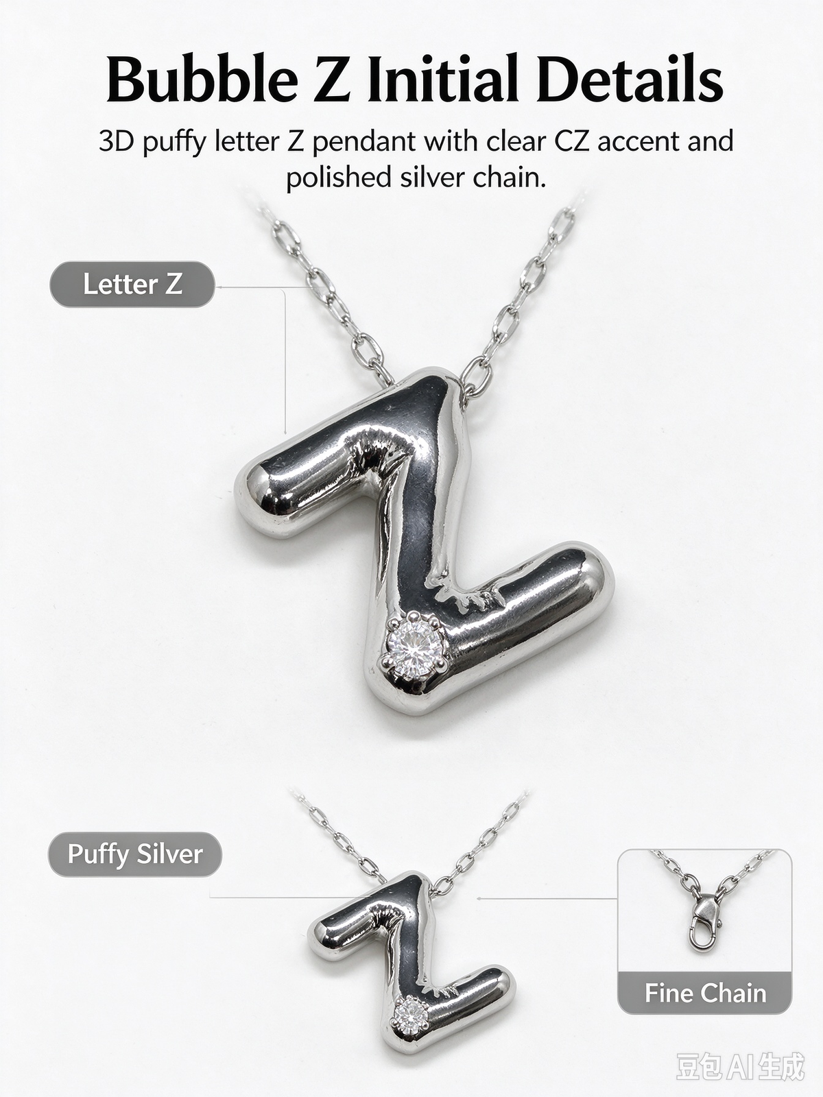 Silver Bubble Letter Z Initial Necklace, 3D Chunky Puffy Alphabet Pendant with CZ Crystal, Lip Chain Collarbone Necklace for Women
