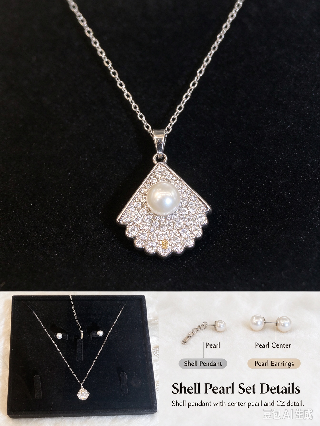 Shell Shaped Pendant Necklace & White Pearl Stud Earring Set, Silver Plated Beach Jewelry Gift Set for Women