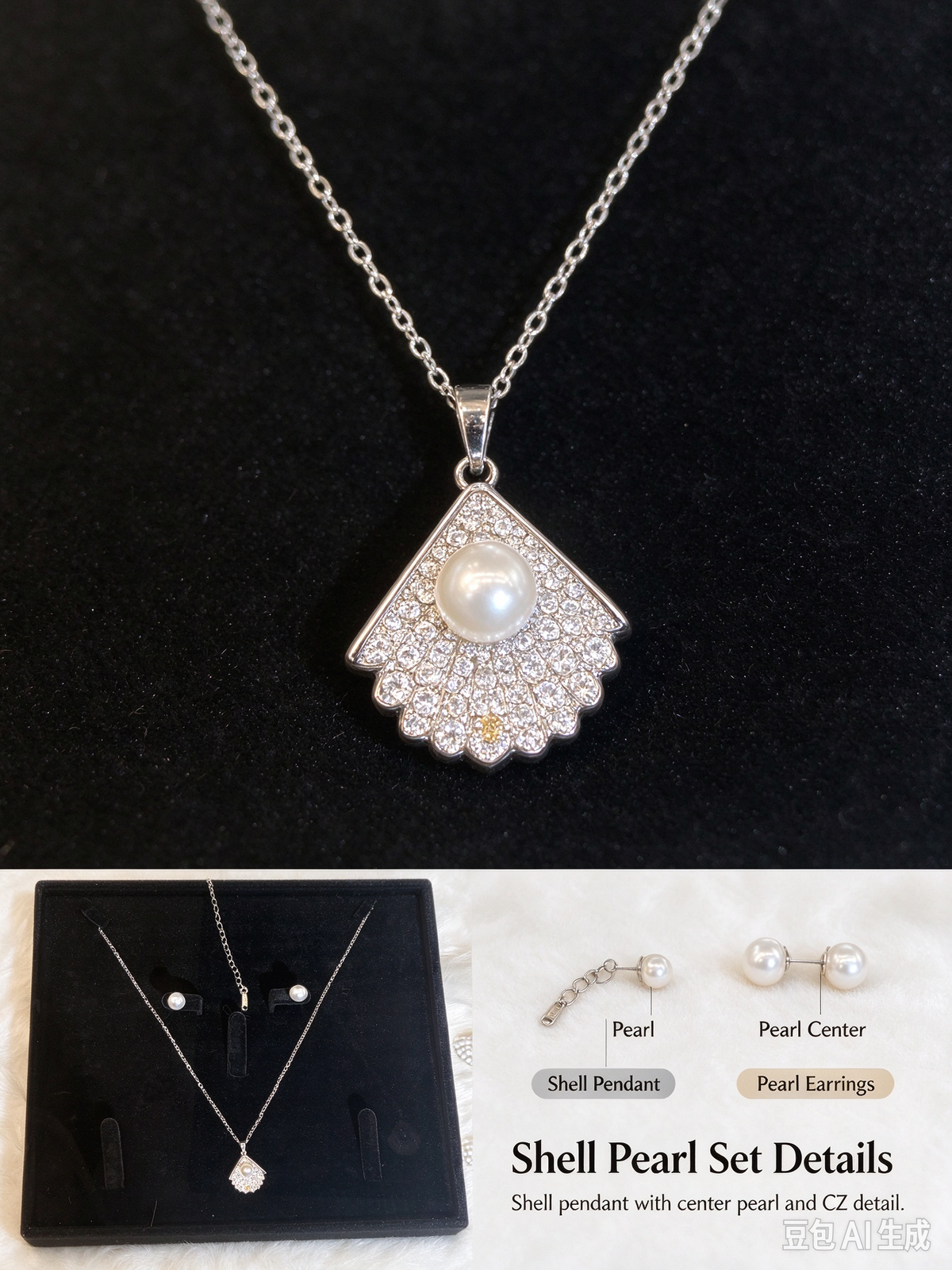 Shell Shaped Pendant Necklace & White Pearl Stud Earring Set, Silver Plated Beach Jewelry Gift Set for Women