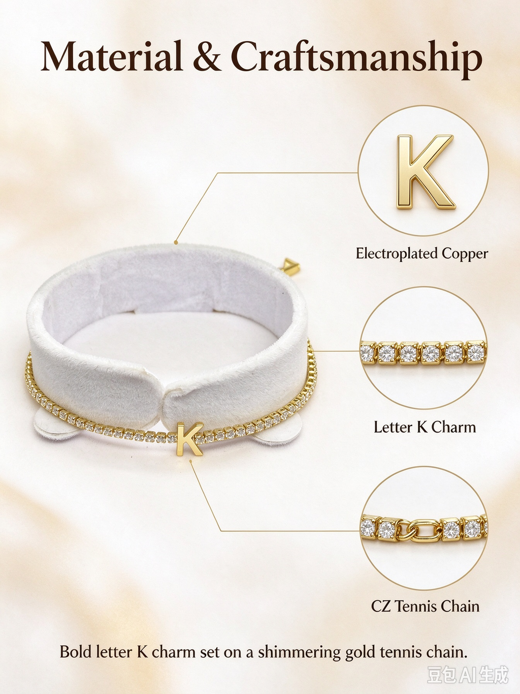 Gold Tennis Chain Initial K Bracelet, Dainty Letter K Crystal Bracelet