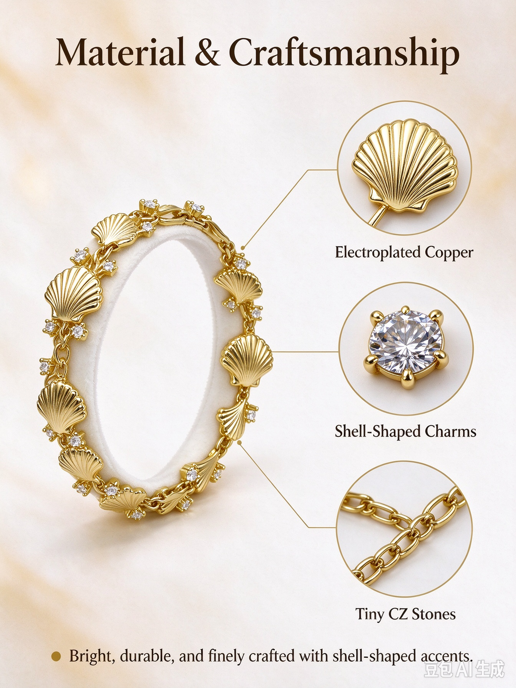 Gold Shell Zircon Bracelet, Elegant Floral CZ Chain Bracelet for Women