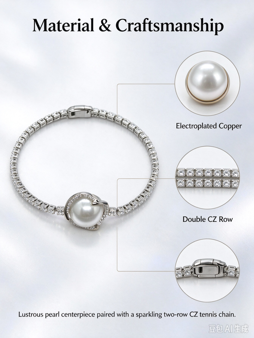 Silver Pearl & CZ Wreath Tennis Bracelet, Elegant Imitation Pearl Charm Bracelet