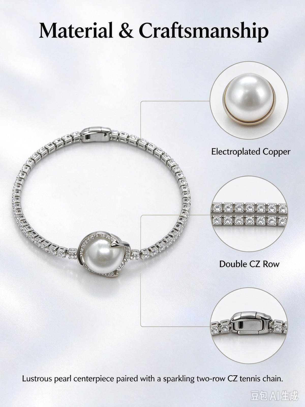 Silver Pearl & CZ Wreath Tennis Bracelet, Elegant Imitation Pearl Charm Bracelet