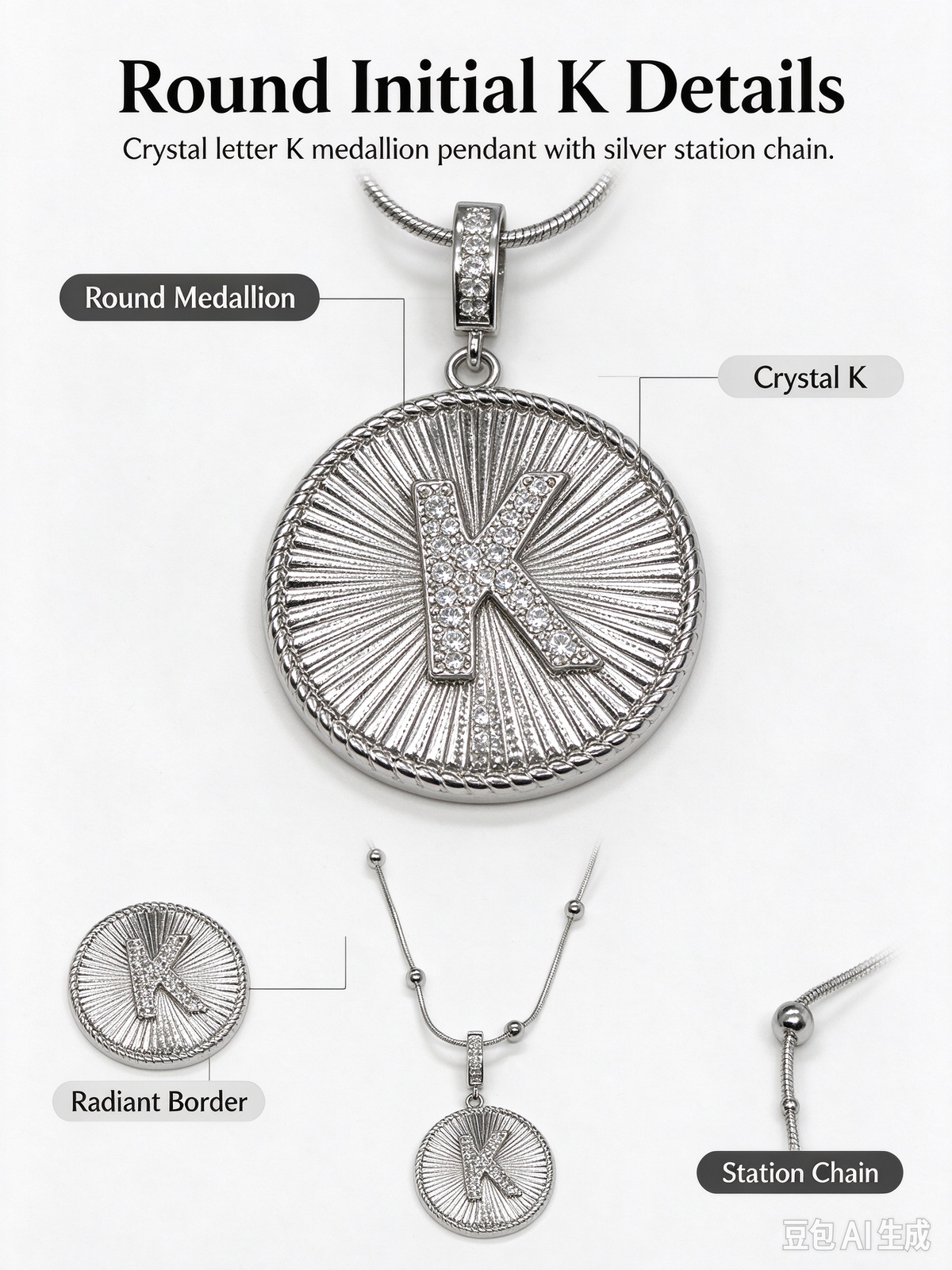 Sunburst K Initial Medallion Necklace, Silver Rhinestone Letter Pendant Snake Chain Necklace