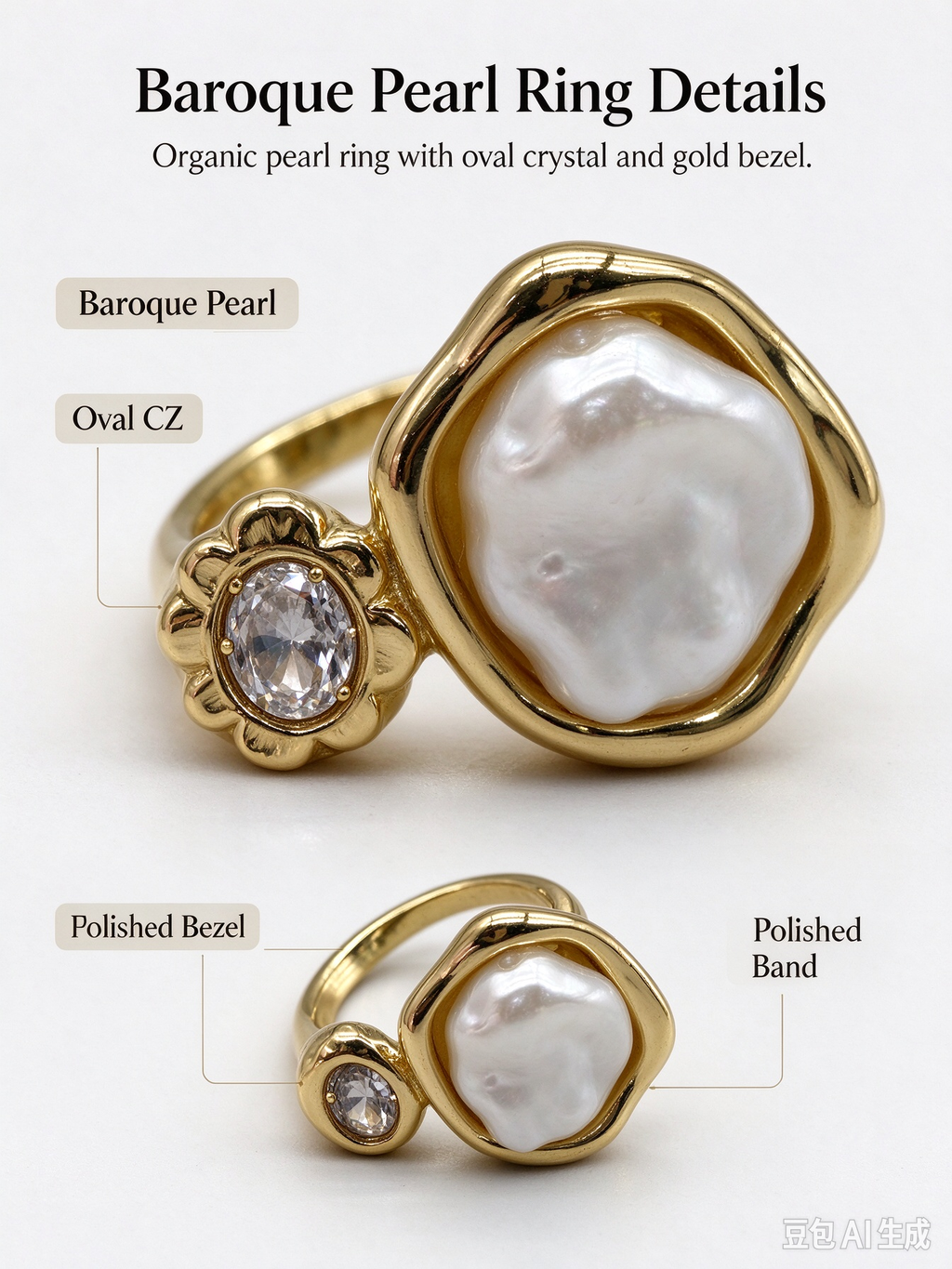 Gold Adjustable Open Ring, Baroque Faux Pearl with Crystal Statement Ring for Women