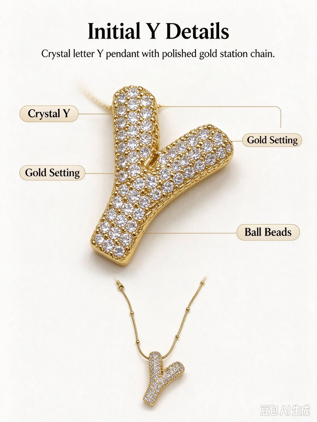 Gold Bubble Letter Y Necklace, Full Pave CZ Bold Initial Y Pendant with Beaded Snake Chain