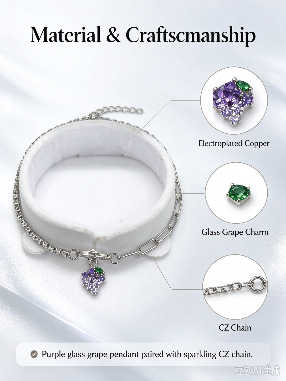 Silver Two-Style Chain Bracelet, Purple CZ Grape Charm Mixed Link Bracelet