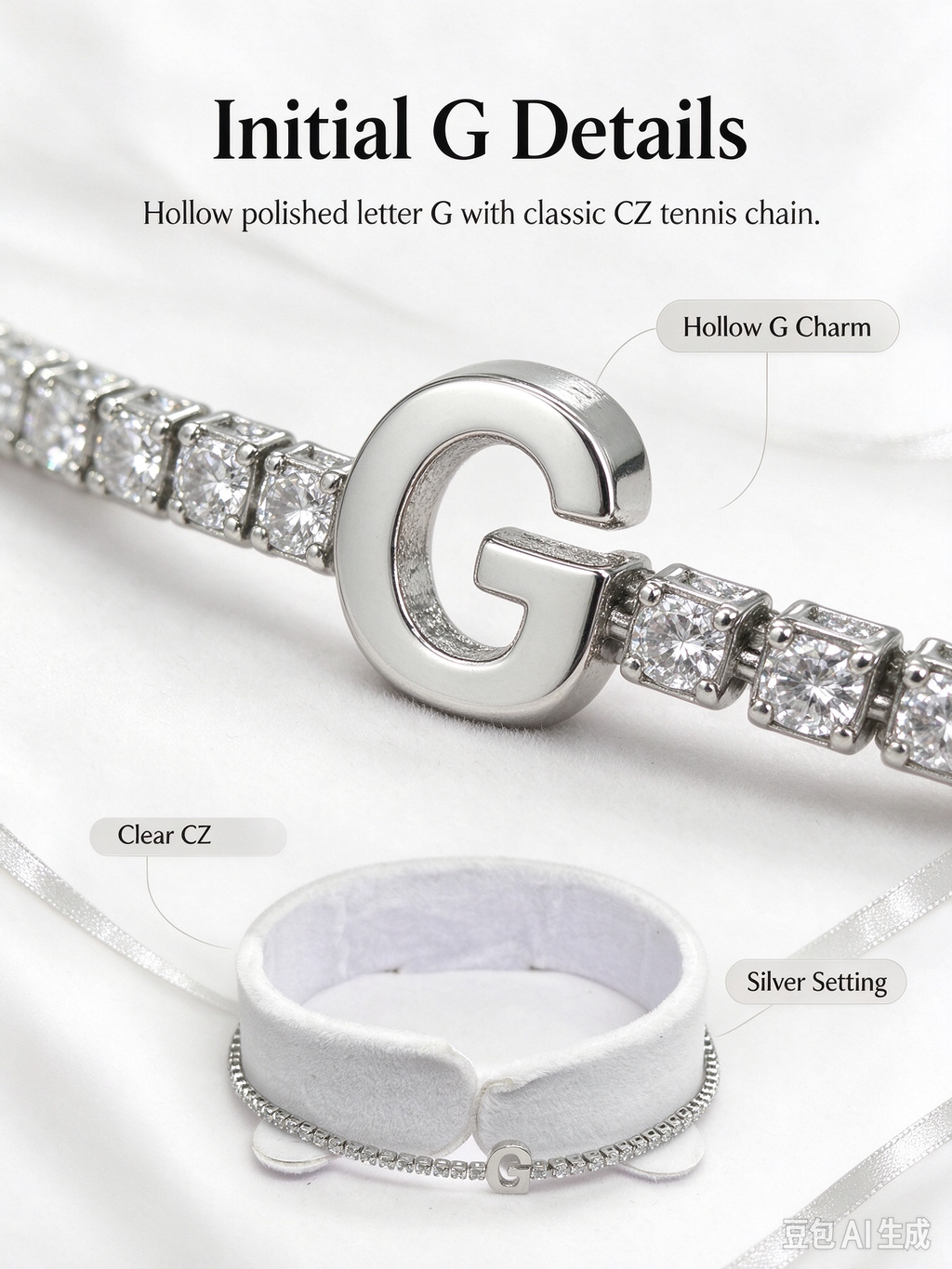 Silver Tennis Chain Initial G Bracelet, Dainty Letter G Crystal Bracelet