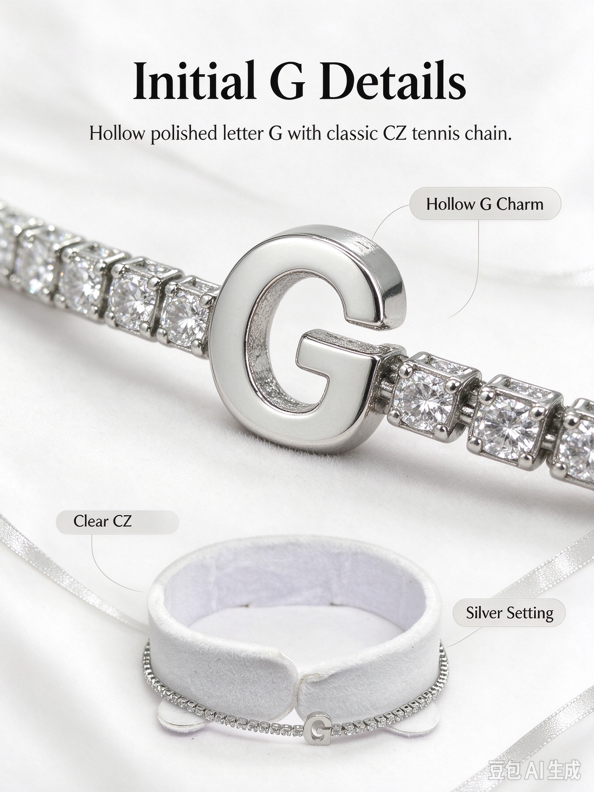 Silver Tennis Chain Initial G Bracelet, Dainty Letter G Crystal Bracelet