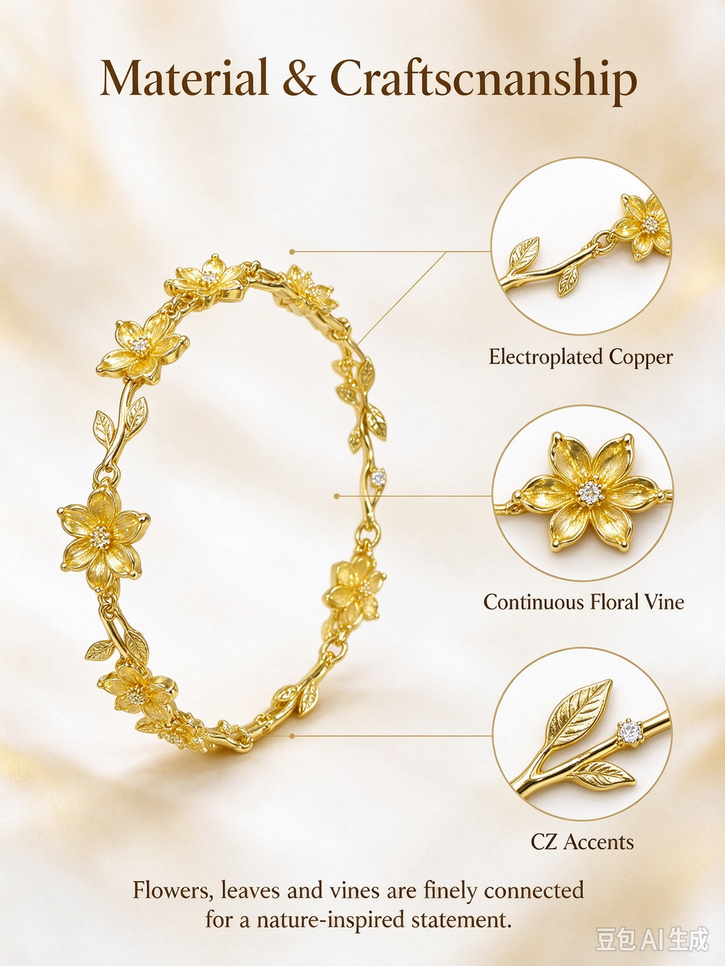 Gold Twig Flower CZ Bracelet, Nature Inspired Floral Branch Bangle for Women