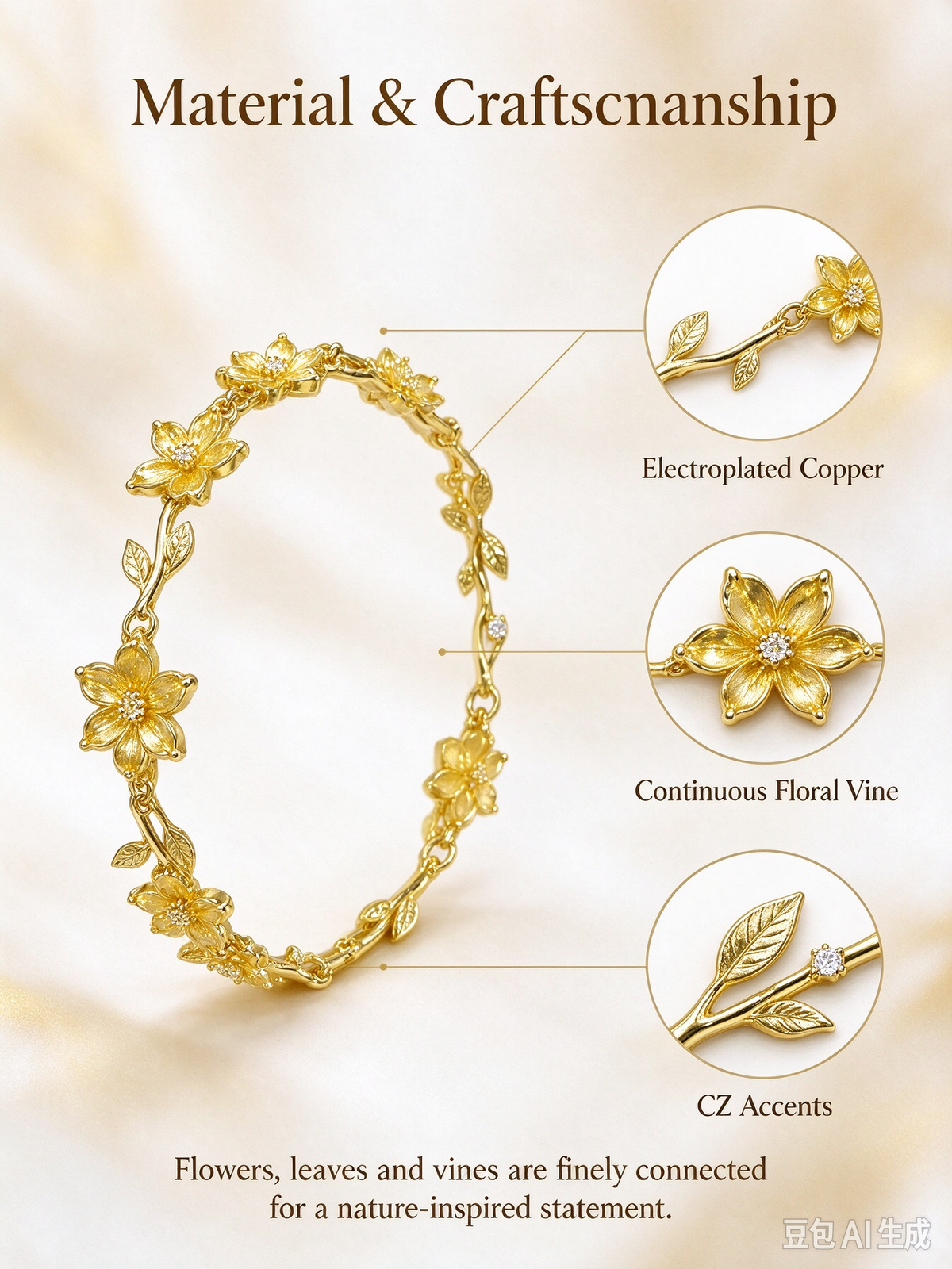 Gold Twig Flower CZ Bracelet, Nature Inspired Floral Branch Bangle for Women