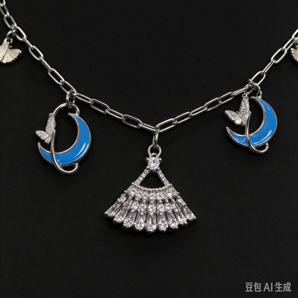 Blue Moon Fan Charm Silver Necklace, Cute Crescent Moon Pendant Necklace for Women, Boho Jewelry
