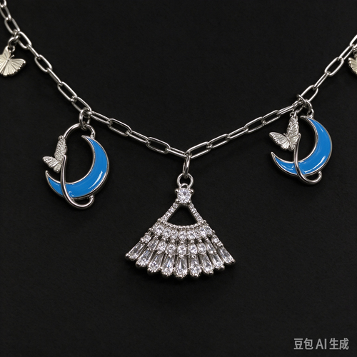 Blue Moon Fan Charm Silver Necklace, Cute Crescent Moon Pendant Necklace for Women, Boho Jewelry