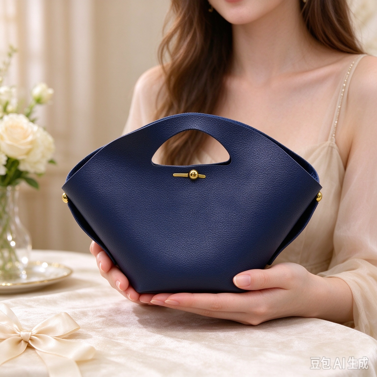 Navy Fan-Shaped Faux Leather Handle Pouch, Open Style Mini Gift Bag with Gold-Tone Studs for Wedding Favors, Bridal Shower, Party Candy & Guest Gifts