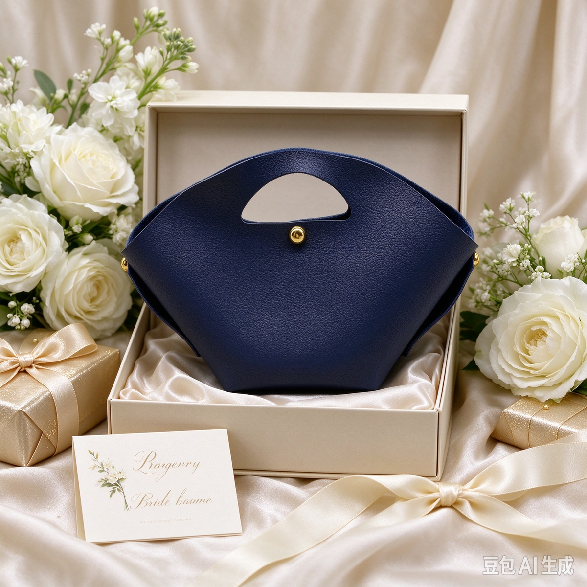 Navy Fan-Shaped Faux Leather Handle Pouch, Open Style Mini Gift Bag with Gold-Tone Studs for Wedding Favors, Bridal Shower, Party Candy & Guest Gifts
