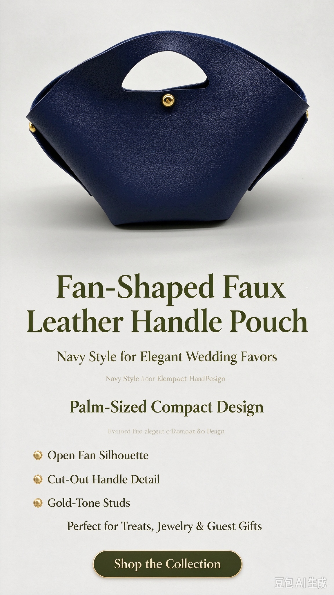 Navy Fan-Shaped Faux Leather Handle Pouch, Open Style Mini Gift Bag with Gold-Tone Studs for Wedding Favors, Bridal Shower, Party Candy & Guest Gifts