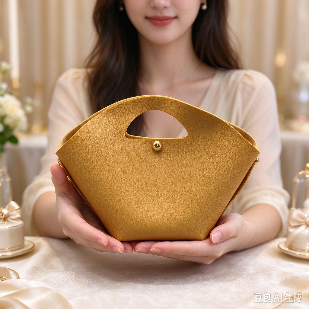 Mustard Yellow Fan-Shaped Faux Leather Handle Pouch, Open Style Mini Gift Bag with Gold-Tone Studs for Wedding Favors, Bridal Shower, Party Candy & Guest Gifts
