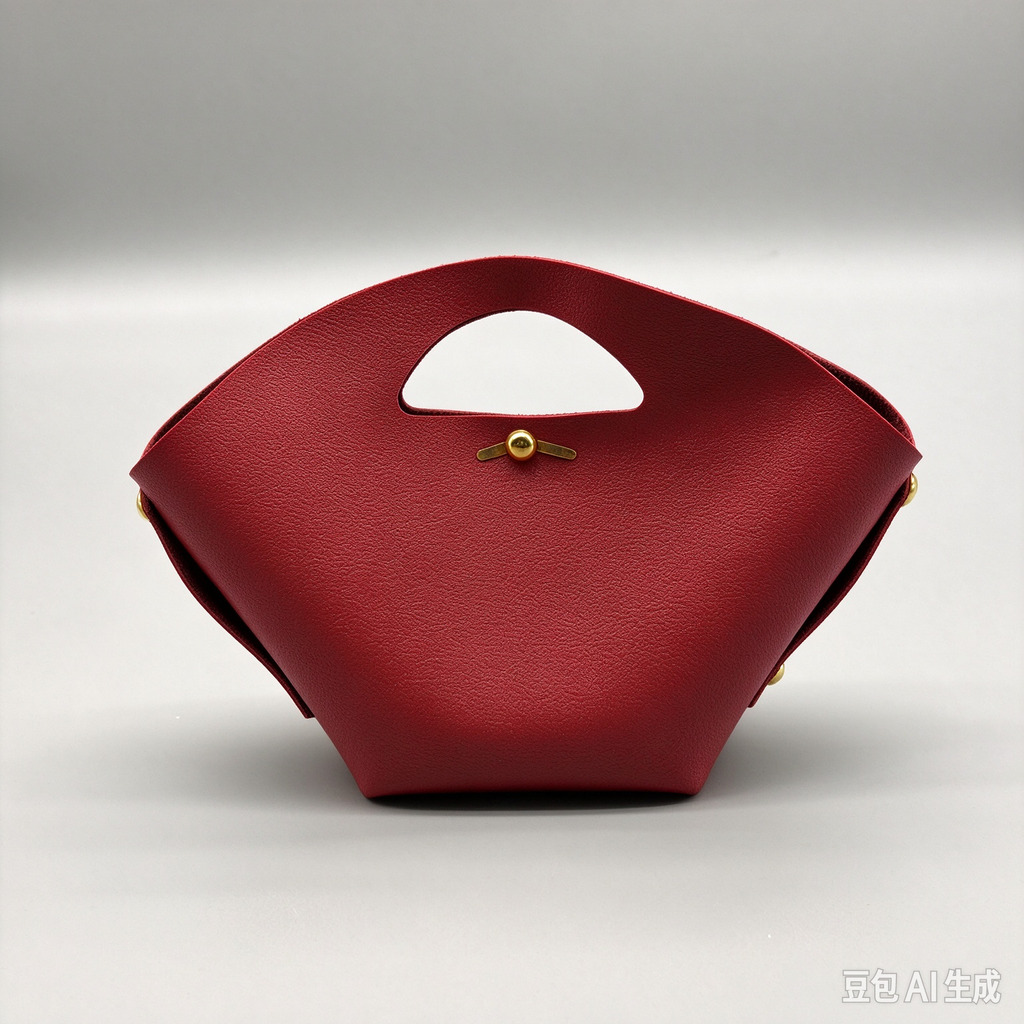 Red Fan-Shaped Faux Leather Handle Pouch, Open Style Mini Gift Bag with Gold-Tone Studs for Wedding Favors, Bridal Shower, Party Candy & Guest Gifts