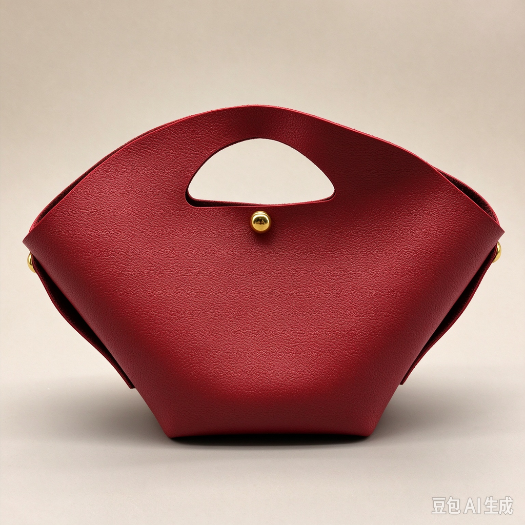 Red Fan-Shaped Faux Leather Handle Pouch, Open Style Mini Gift Bag with Gold-Tone Studs for Wedding Favors, Bridal Shower, Party Candy & Guest Gifts