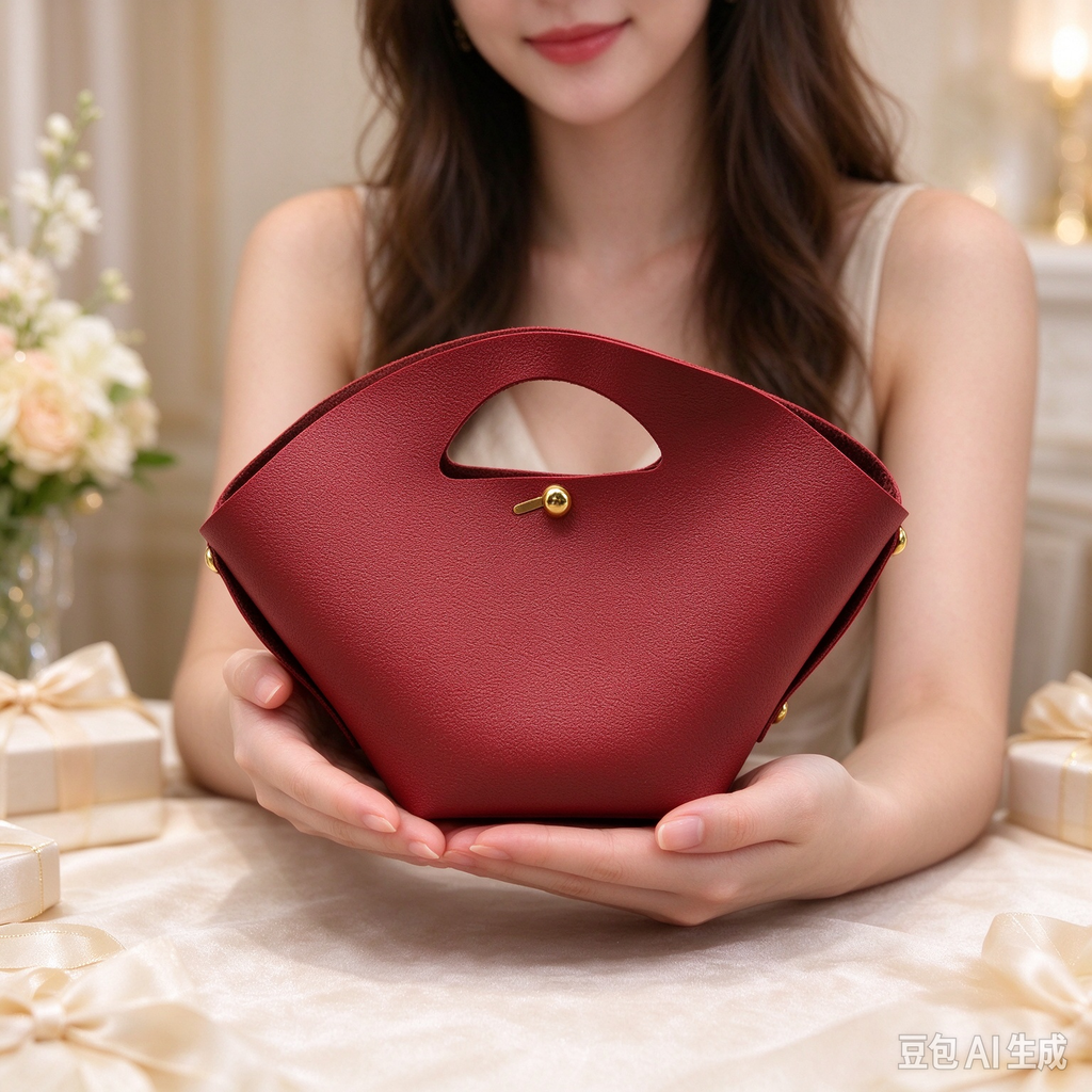 Red Fan-Shaped Faux Leather Handle Pouch, Open Style Mini Gift Bag with Gold-Tone Studs for Wedding Favors, Bridal Shower, Party Candy & Guest Gifts