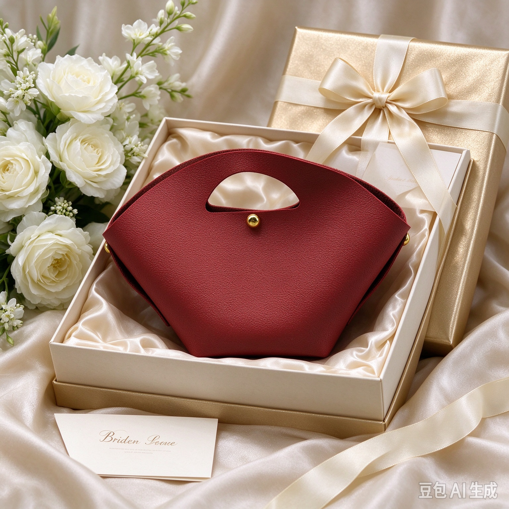 Red Fan-Shaped Faux Leather Handle Pouch, Open Style Mini Gift Bag with Gold-Tone Studs for Wedding Favors, Bridal Shower, Party Candy & Guest Gifts