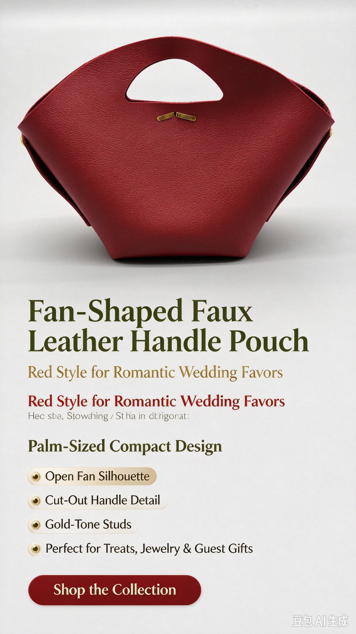 Red Fan-Shaped Faux Leather Handle Pouch, Open Style Mini Gift Bag with Gold-Tone Studs for Wedding Favors, Bridal Shower, Party Candy & Guest Gifts