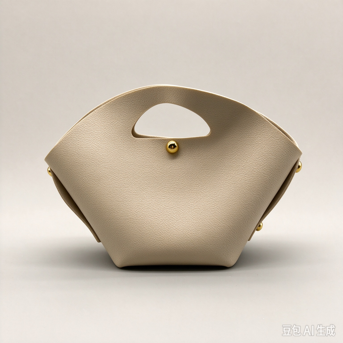 Beige Fan-Shaped Faux Leather Handle Pouch, Open Style Mini Gift Bag with Gold-Tone Studs for Wedding Favors, Bridal Shower, Party Candy & Guest Gifts