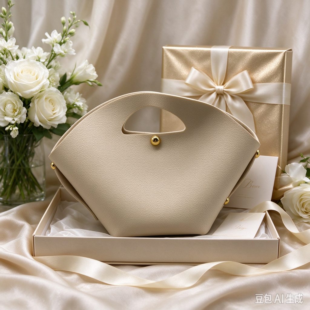 Beige Fan-Shaped Faux Leather Handle Pouch, Open Style Mini Gift Bag with Gold-Tone Studs for Wedding Favors, Bridal Shower, Party Candy & Guest Gifts