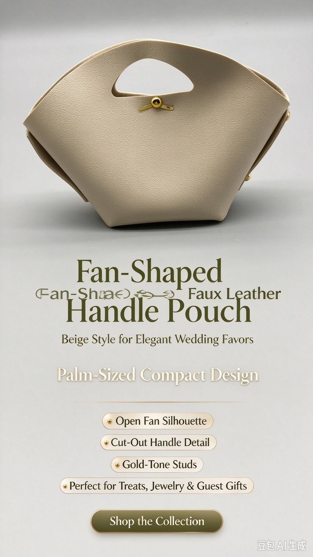 Beige Fan-Shaped Faux Leather Handle Pouch, Open Style Mini Gift Bag with Gold-Tone Studs for Wedding Favors, Bridal Shower, Party Candy & Guest Gifts