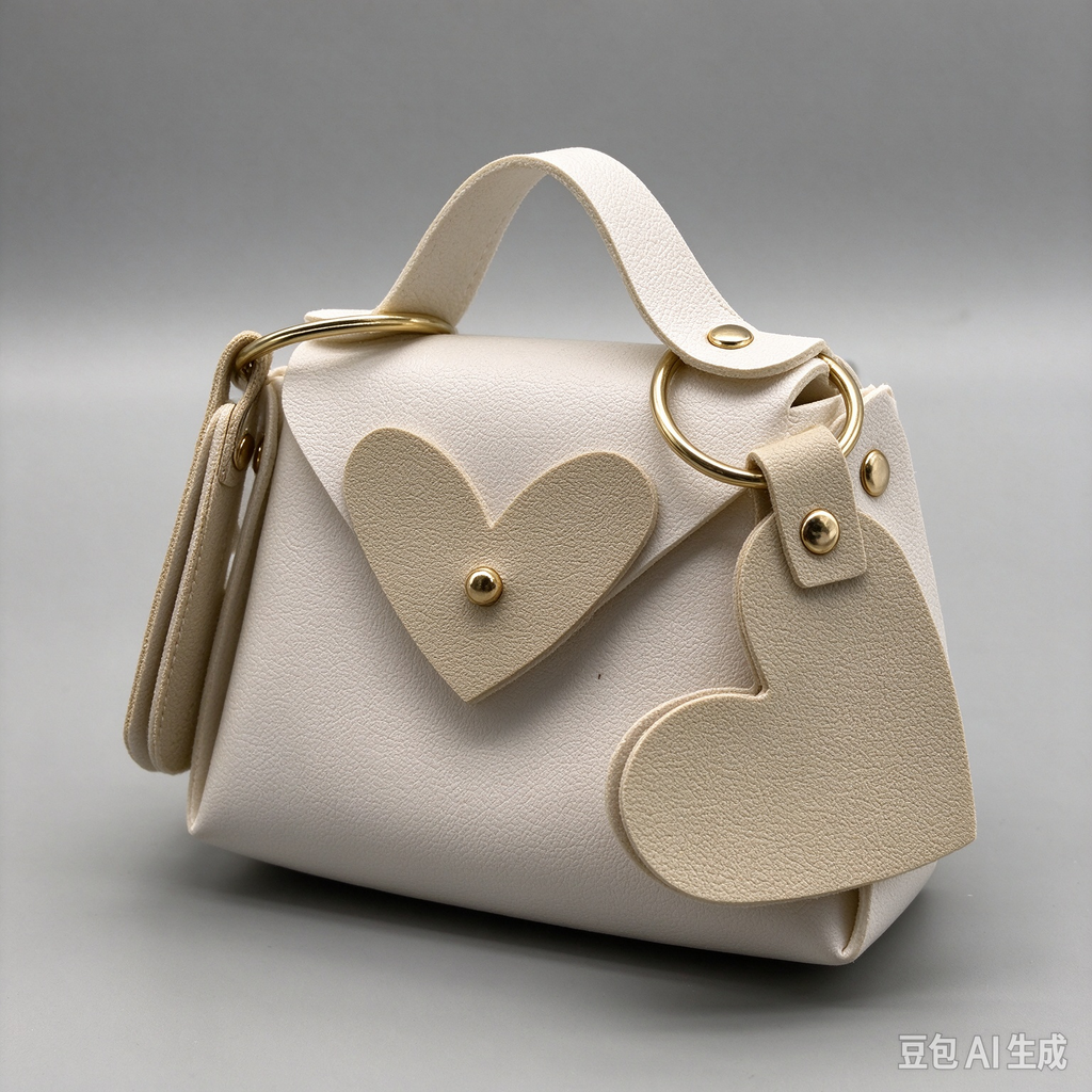 Elegant White Heart Charm Faux Leather Handle Pouch, Mini Gift Bag with Heart Flap and Gold-Tone Hardware for Wedding Favors, Bridal Shower, Party Candy & Guest Gifts
