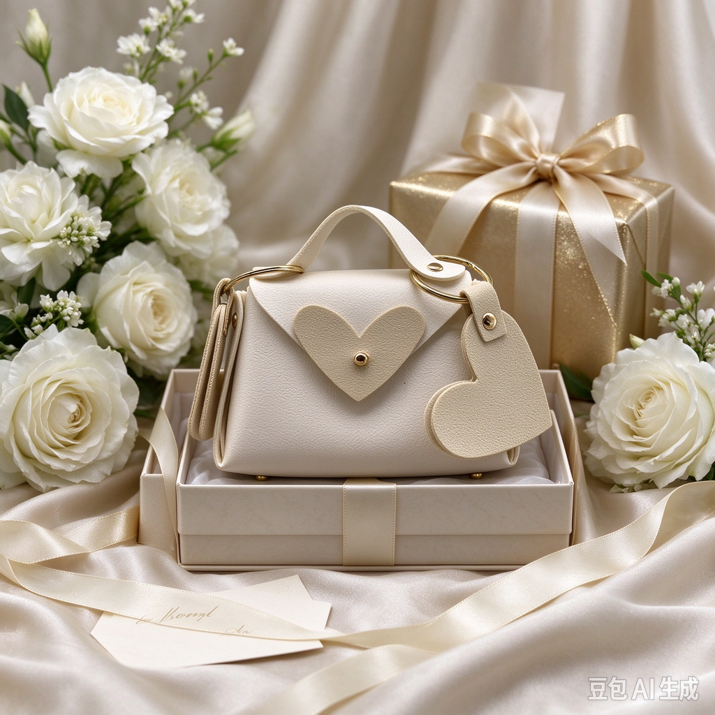 Elegant White Heart Charm Faux Leather Handle Pouch, Mini Gift Bag with Heart Flap and Gold-Tone Hardware for Wedding Favors, Bridal Shower, Party Candy & Guest Gifts