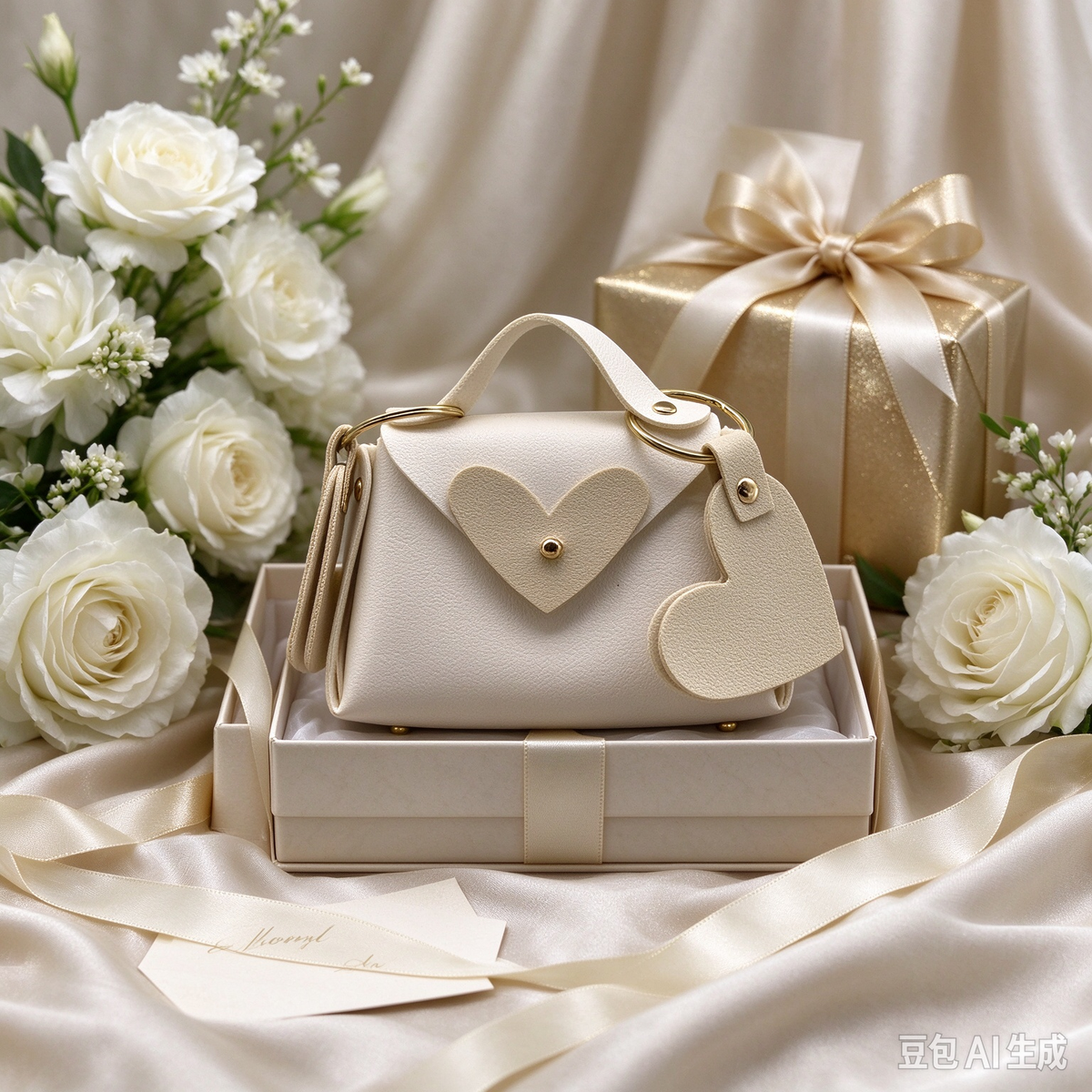 Elegant White Heart Charm Faux Leather Handle Pouch, Mini Gift Bag with Heart Flap and Gold-Tone Hardware for Wedding Favors, Bridal Shower, Party Candy & Guest Gifts