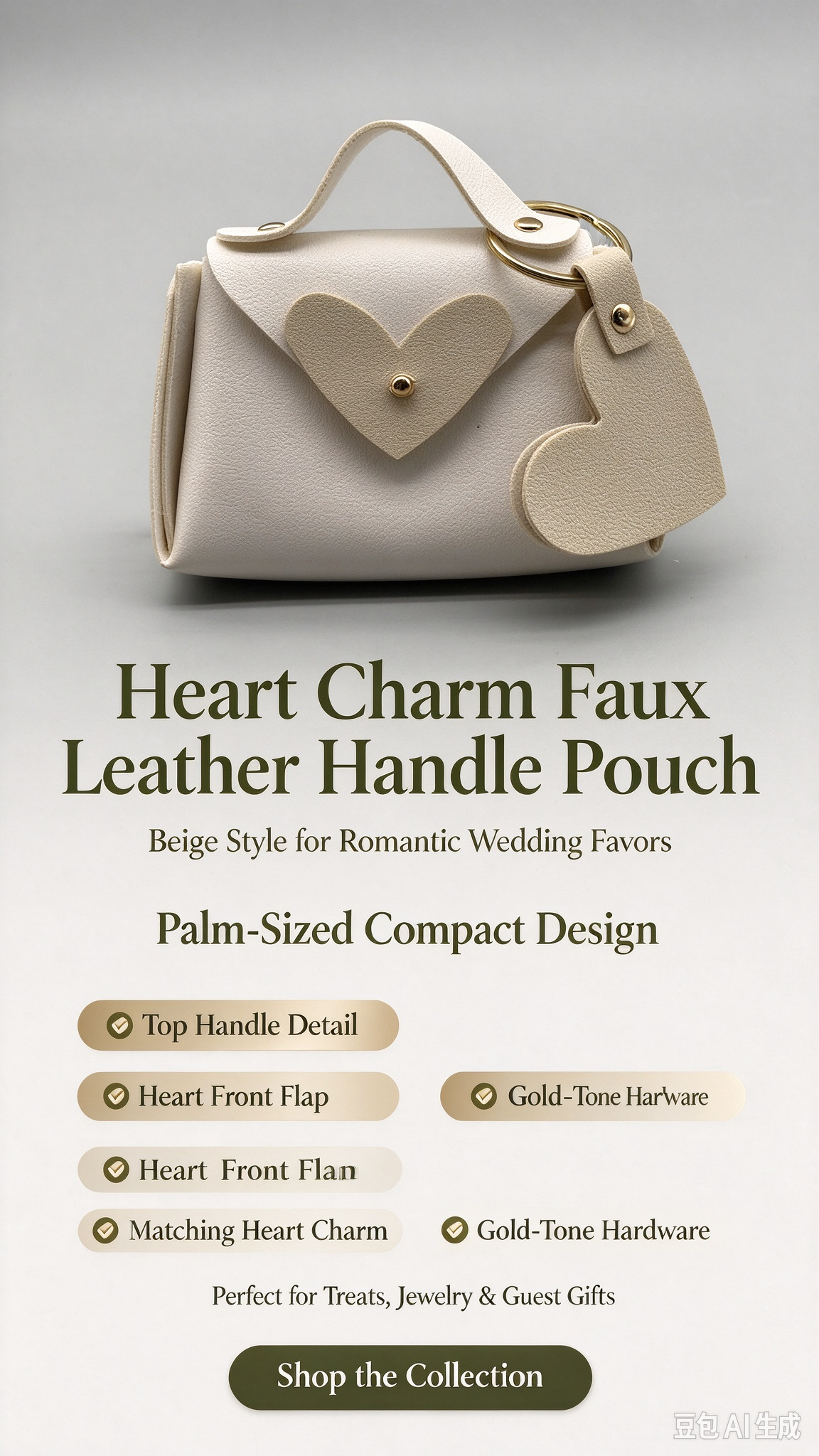 Elegant White Heart Charm Faux Leather Handle Pouch, Mini Gift Bag with Heart Flap and Gold-Tone Hardware for Wedding Favors, Bridal Shower, Party Candy & Guest Gifts
